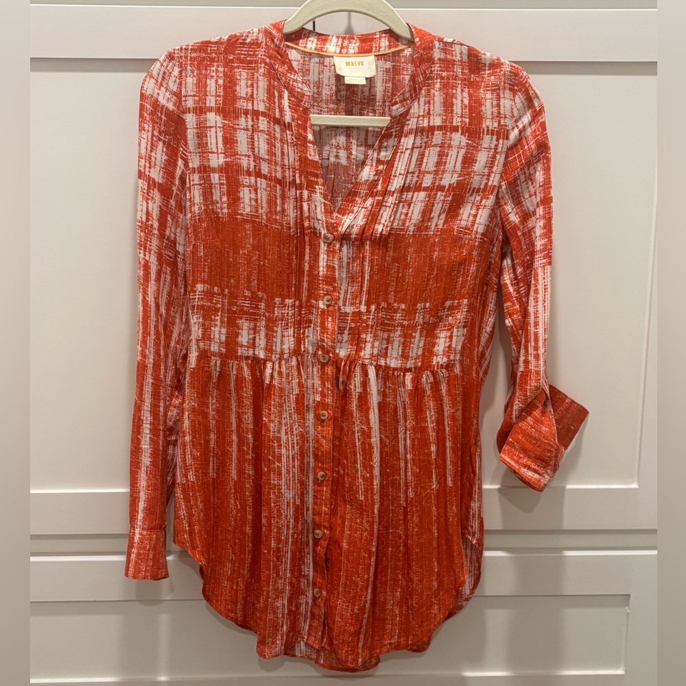 Maeve Orange & White Button Down Blouse w/Fitted Mid Section